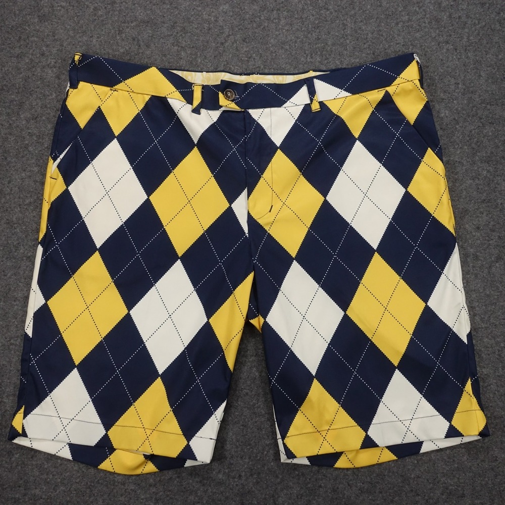 Loudmouth Golf Shorts Men's 42 Argyle Pattern Performance Navy Yellow White